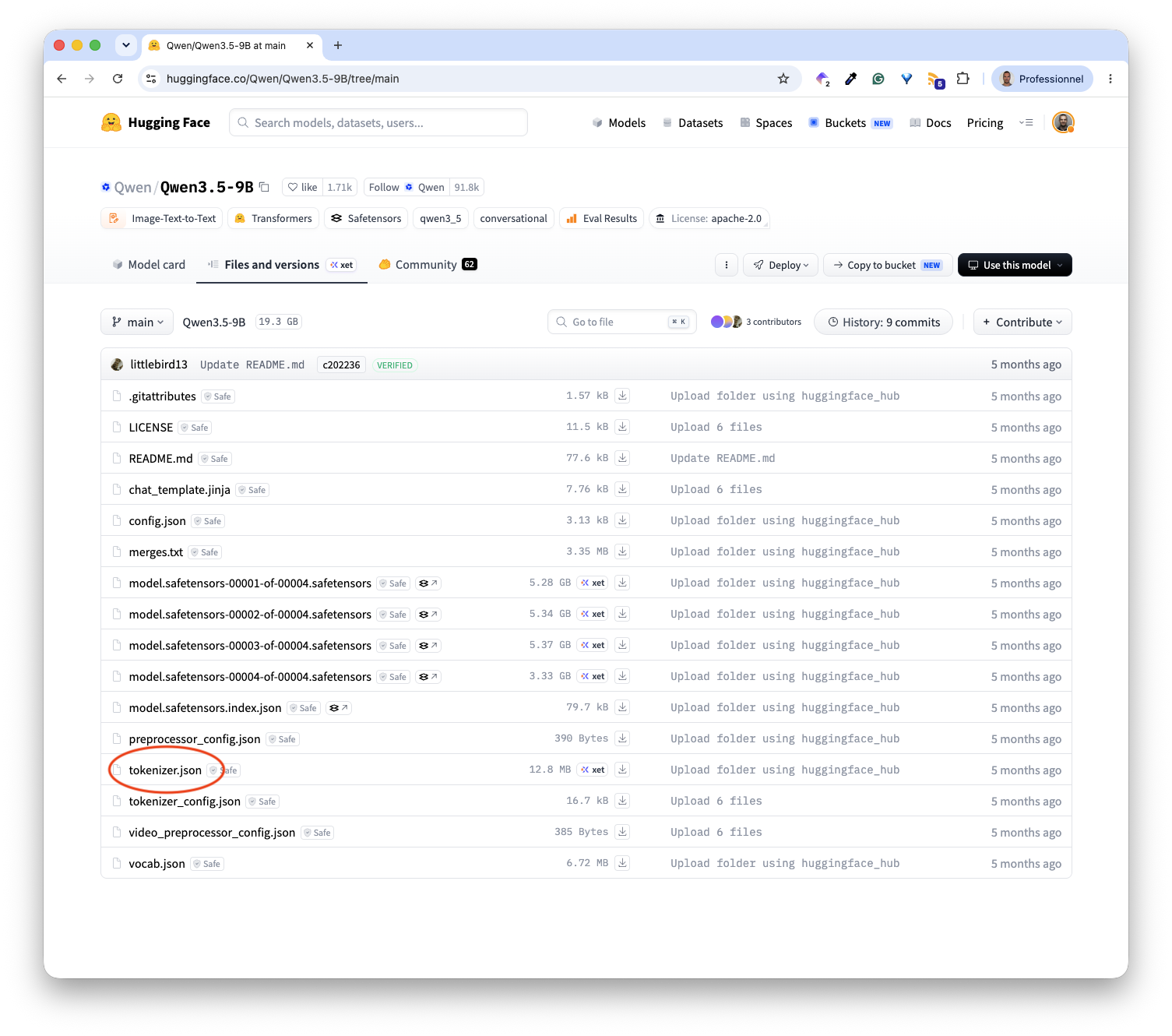 List of files for QWen 3.5 9B on HuggingFace